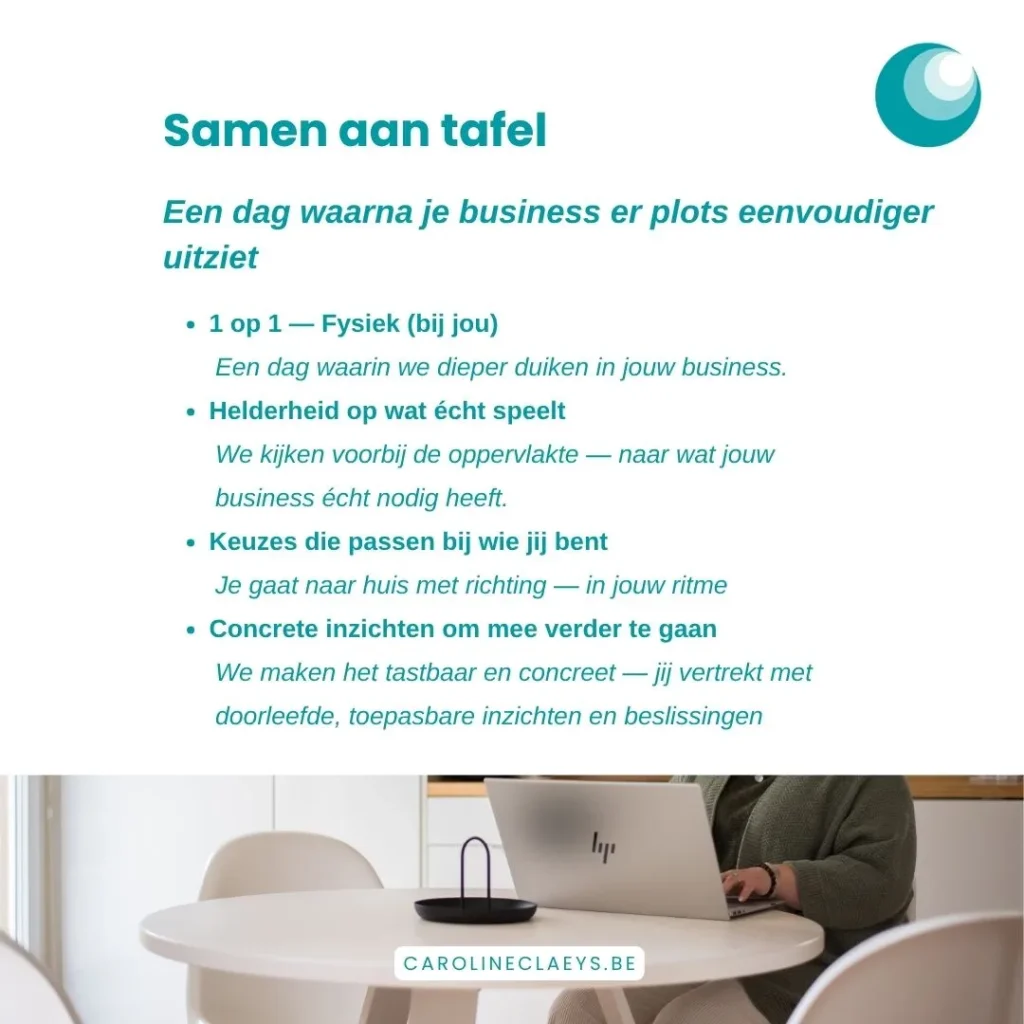 Caroline Claeys - Samen aan tafel - voor ondernemers die willen thuiskomen in hun business - Details
